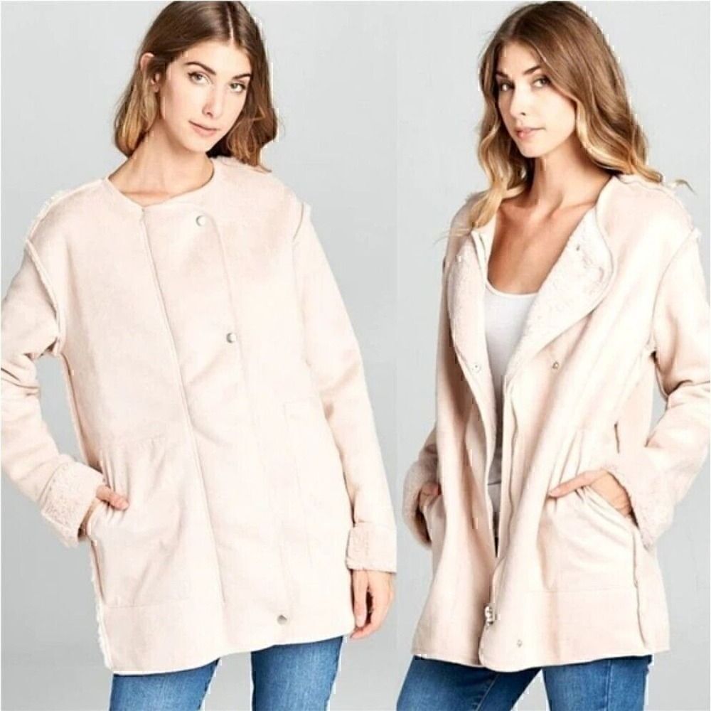 Ellison ELLA Faux Suede Fur lined Double Breasted Zip Coat Pink Size Large